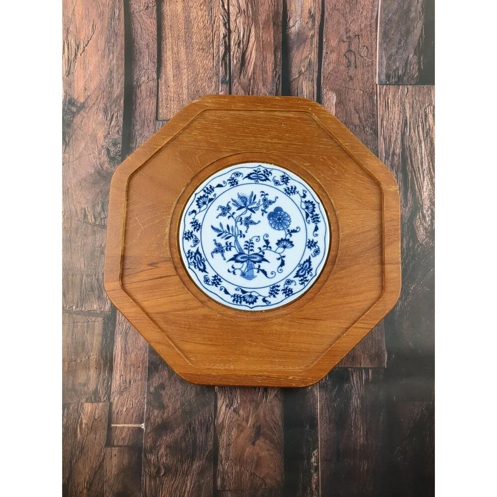 Rustic Coastal Teak Wood Charcuterie Tray Glass Cloche‎ Blue Tile Hexagon VTG